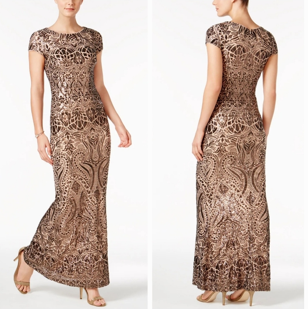Betsy & Adam Bronze Sequin Mermaid Evening Gown NWT David’s Bridal Size 6